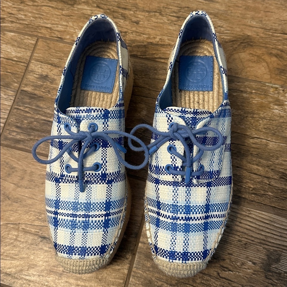 Tory Burch Blue and White Plaid Espadrille Platform Oxfords - Picture 2 of 6